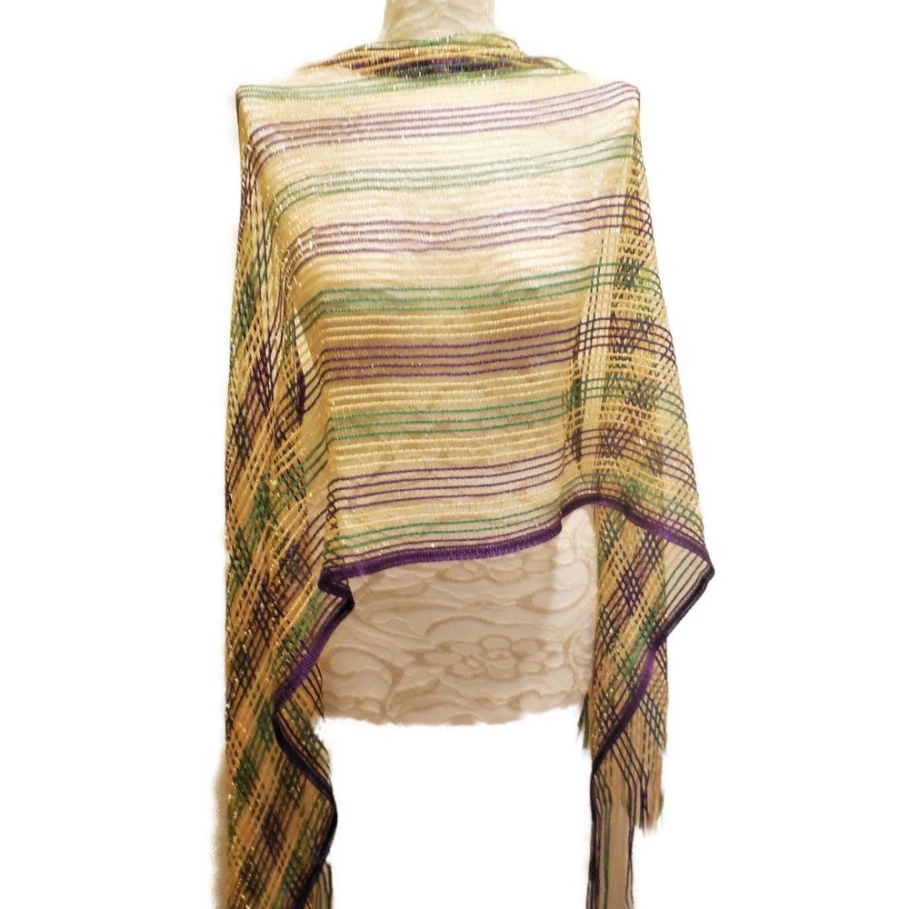 1970s Vintage Shawl Flringed Gold Lurex Yellow Purple long sheer lace scarf